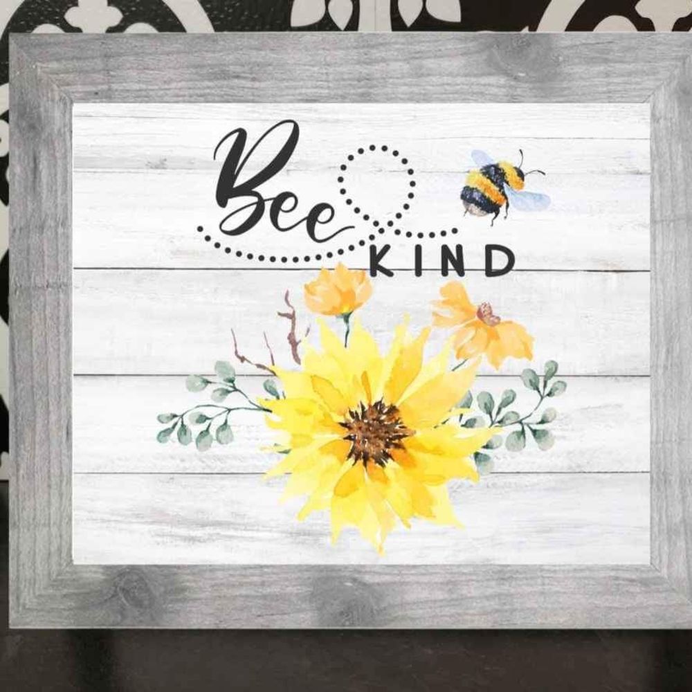 New Framed Bee Kind Sunflower Rustic Farmhouse Print Sign